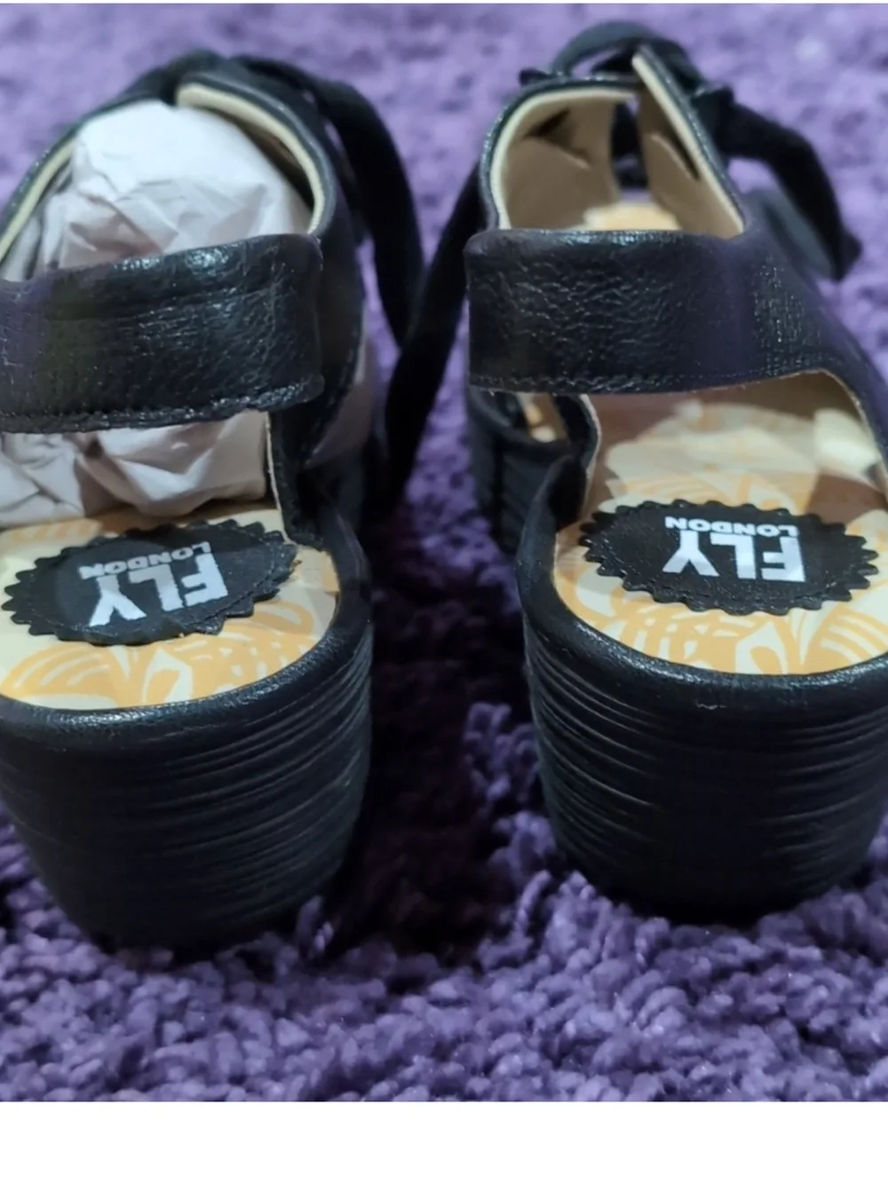 Fly London Mousse Black  Leather Lace Up Wedge Sandal  SZ 38  US 7 -7.5